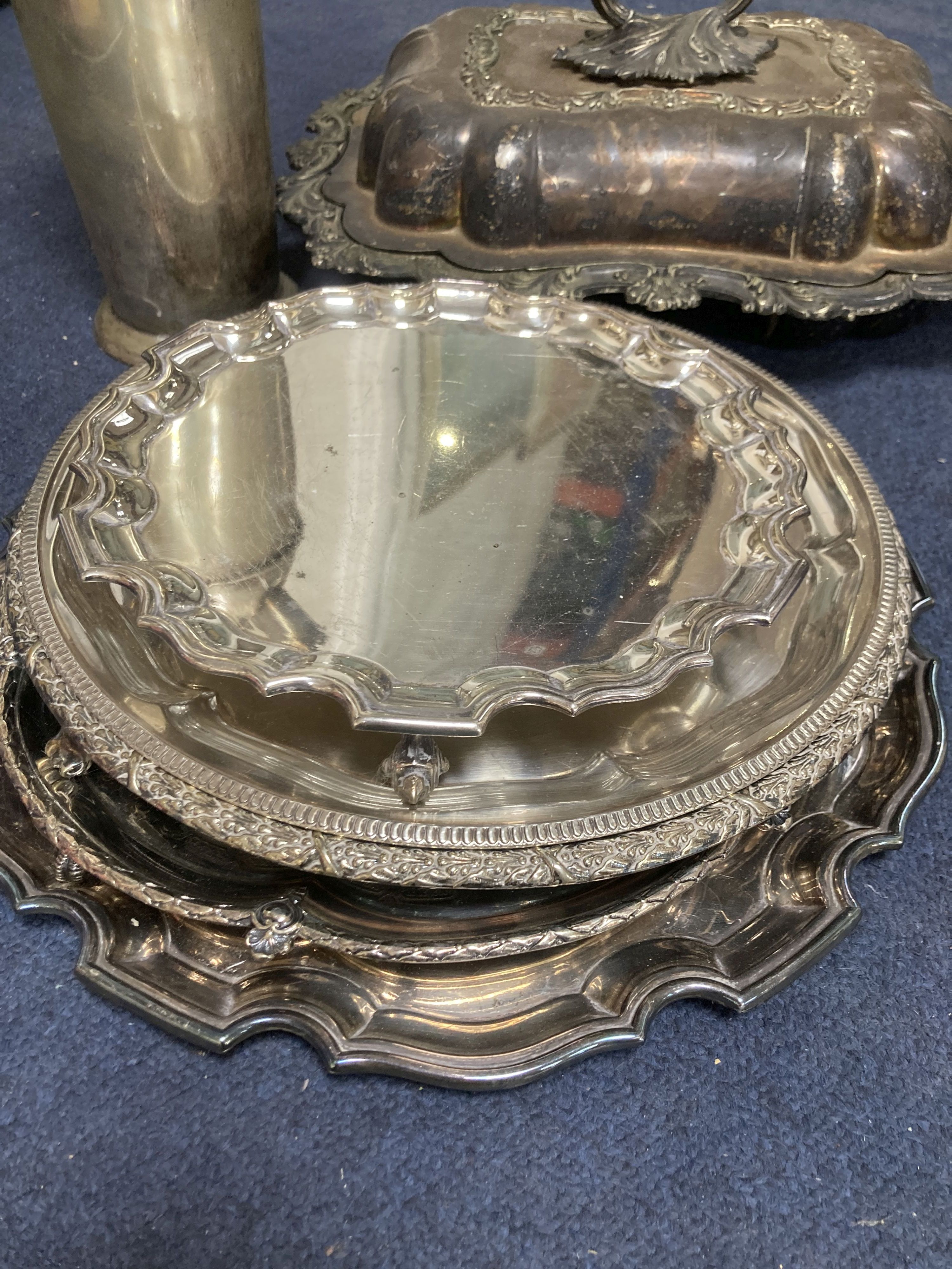 A collection of plated wares including tureen and cover, salvers, flasks, etc.